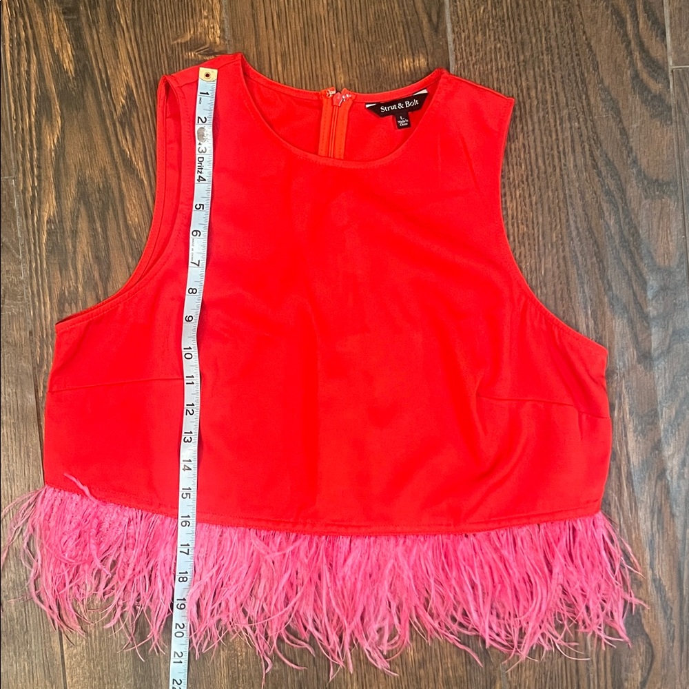 Strut & Bolt Red Crop Top with Feather Trim